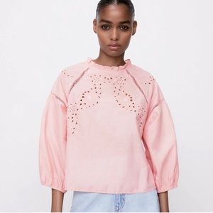 Zara Light Pink Eyelet Ruffle Mock Neck Blouse